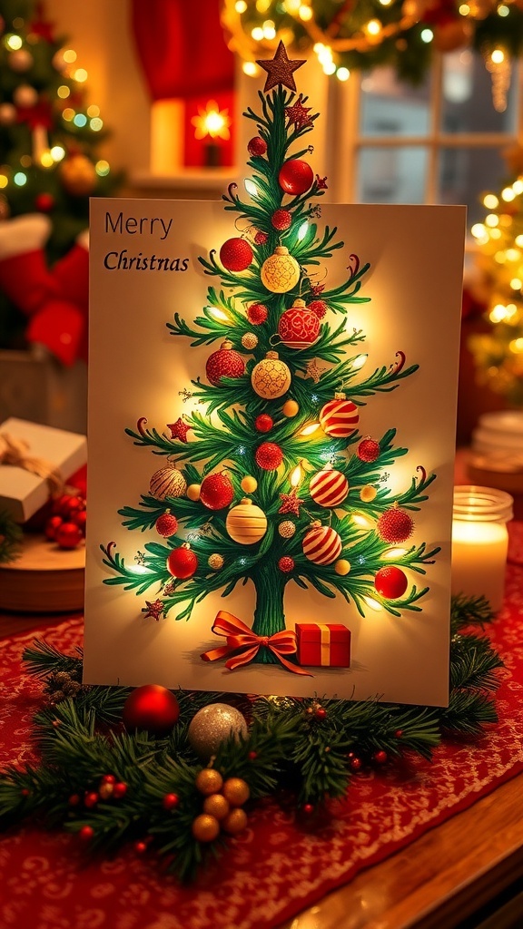 Christmas Tree Greeting Card Design A festive Christmas tree greeting card with colorful decorations, placed on a table with holiday decorations.